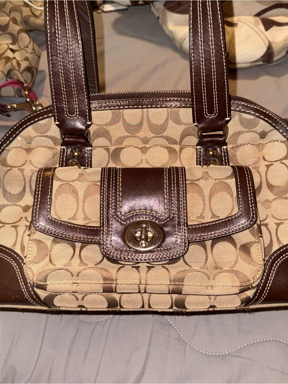 Coach Beige Signature Canvas Shoulder Bag with Brown Leather Trim